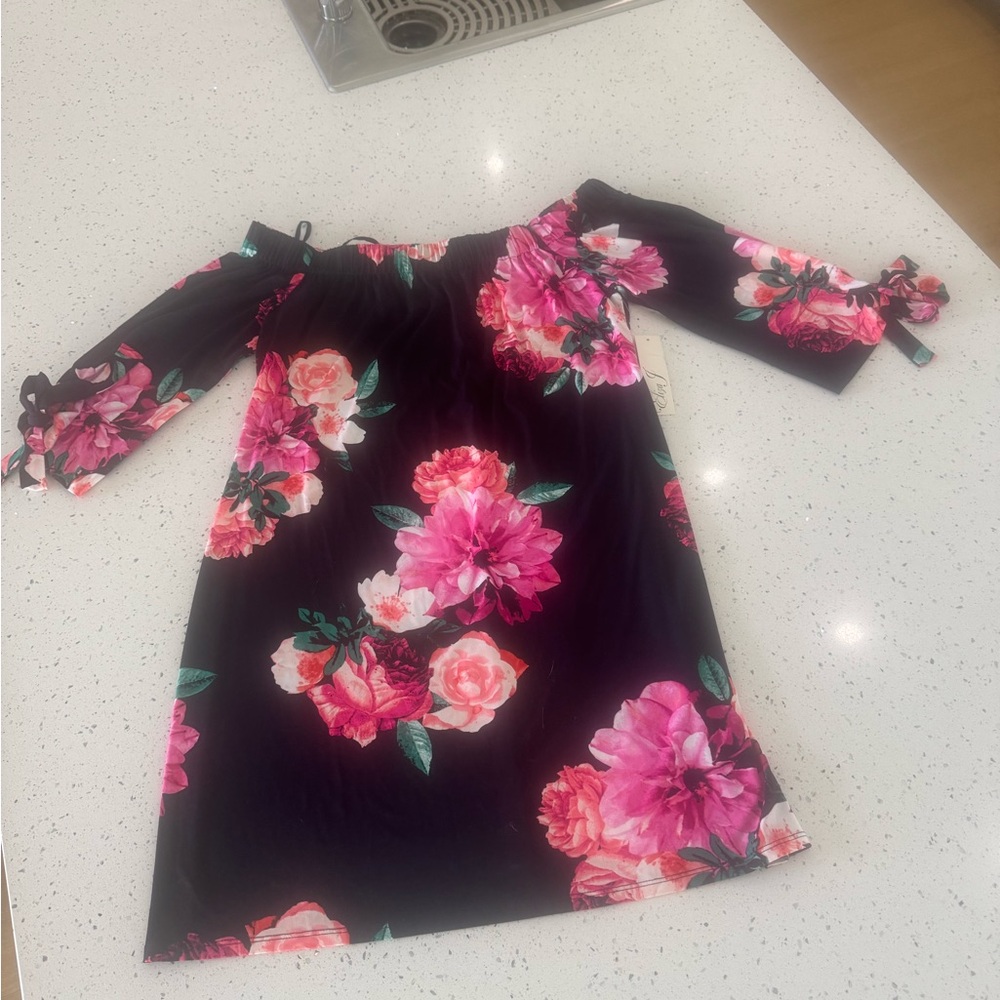 Eliza J Black and Pink Off-Shoulder Long Sleeve Sundress